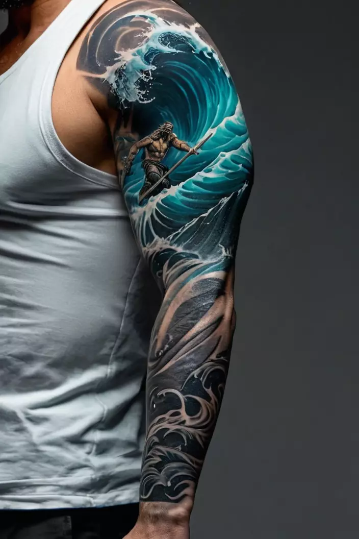 A photo of a man with a dramatic Poseidon full arm sleeve tattoo, featuring intense waves and the god s powerful stance.  