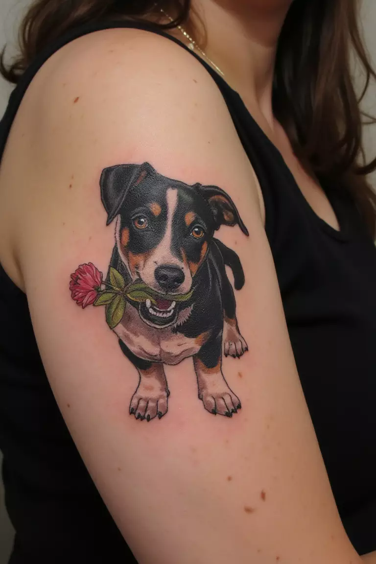 A close up shot of a woman showing her black ink dog holding a small flower in its mouth tattoo on her arm  