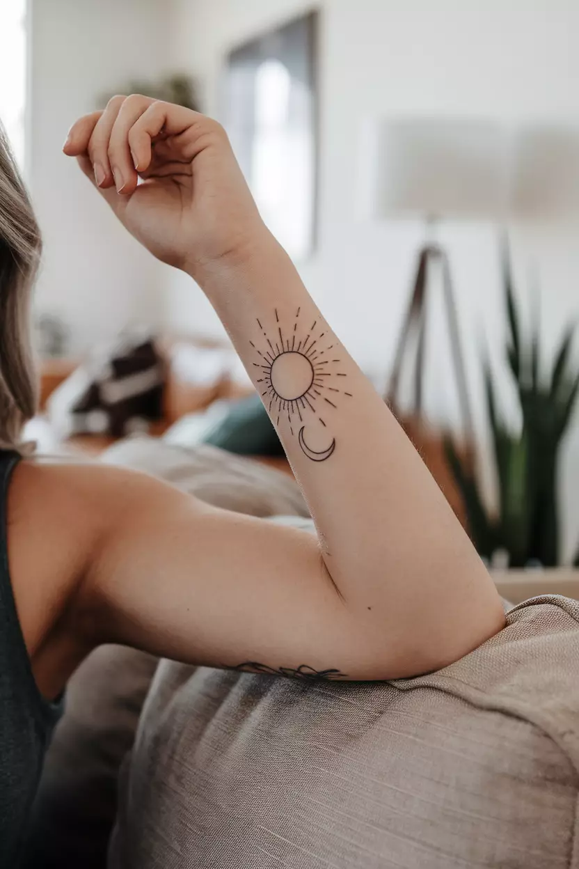 A close-up photo of a woman showing her tricep with a delicate fineline tattoo of a sun and a crescent moon, living room background