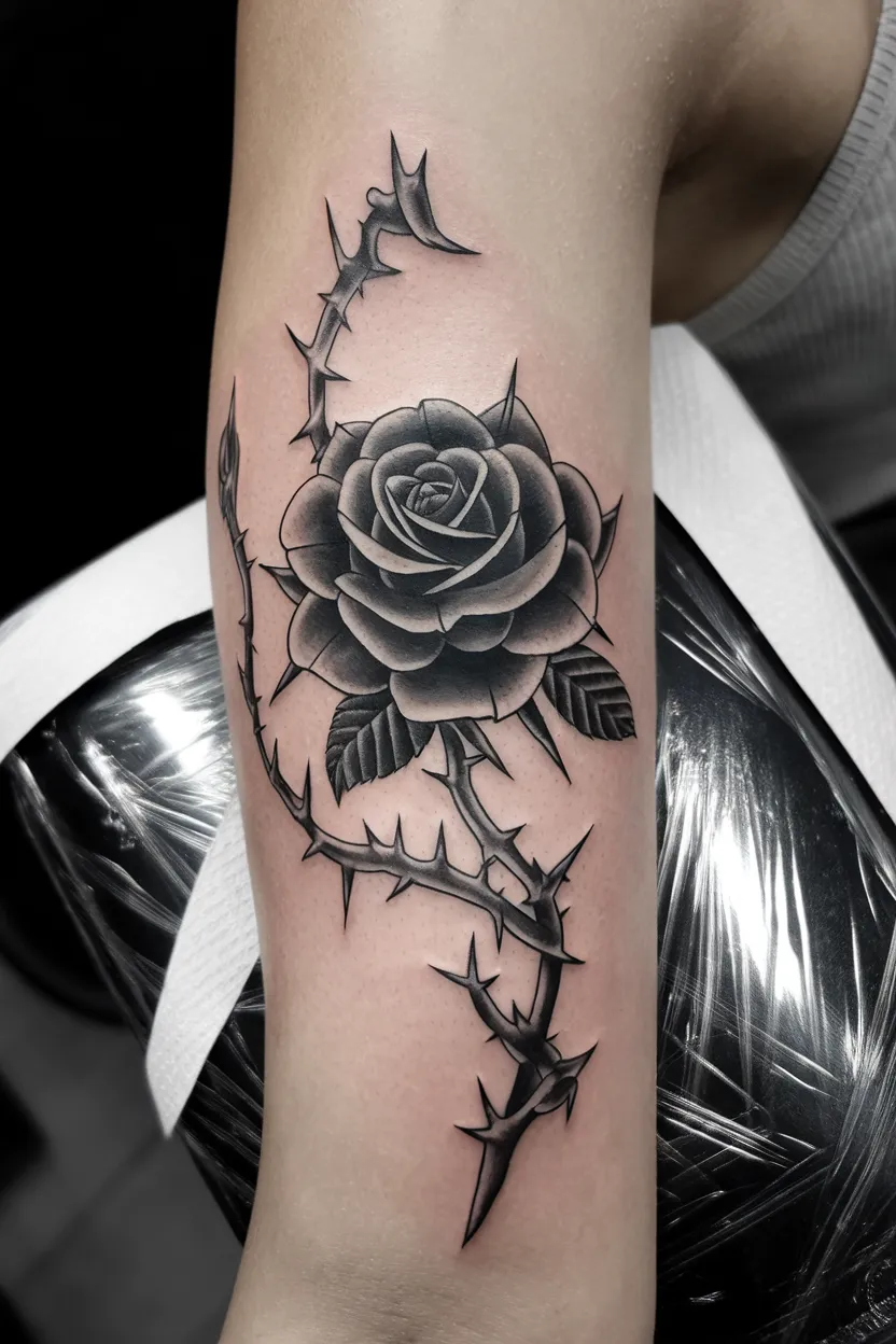 Blackwork Tattoo of Black Rose on Arm