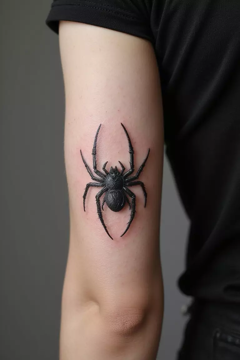 A close-up shot of a woman's arm with a black ink tattoo of a spider with a soft, blurred shadow underneath it, creating a 3D effect.