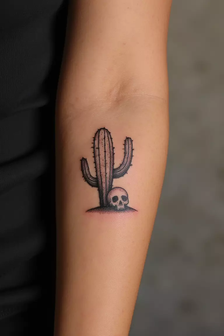 A close up shot of a woman showing her black ink cactus paired with a small skull tattoo for a desert vibe on her arm  