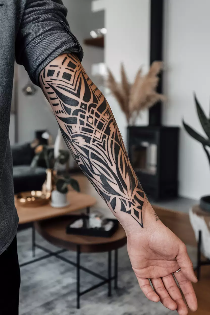 A close-up photo of a man showing his bold tribal Taurus tattoo on his forearm, incorporating intricate patterns and sharp lines, framed by a stylish living room with modern decor, including a sleek coffee table and decorative plants that enhance the edgy vibe of the tattoo.