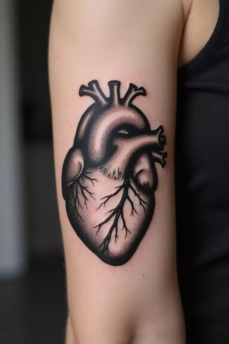 A close up shot of woman's arm with a black ink tattoo of an anatomical heart.