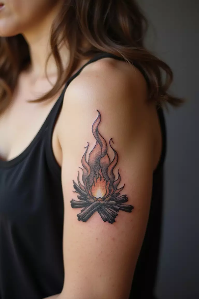 Campfire Scene A close-up shot of a woman showing her black ink campfire tattoo on her arm.