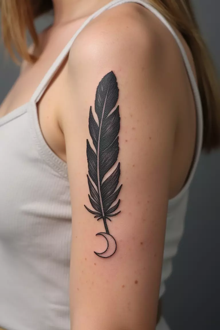 A close up shot of woman's arm with a black ink feather and moon tattoo, crescent moon positioned near feather tip