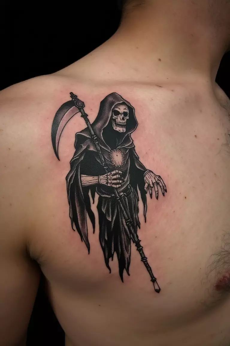 A close up shot of man's shoulder with a black ink abstract grim reaper made of geometric shapes tattoo  