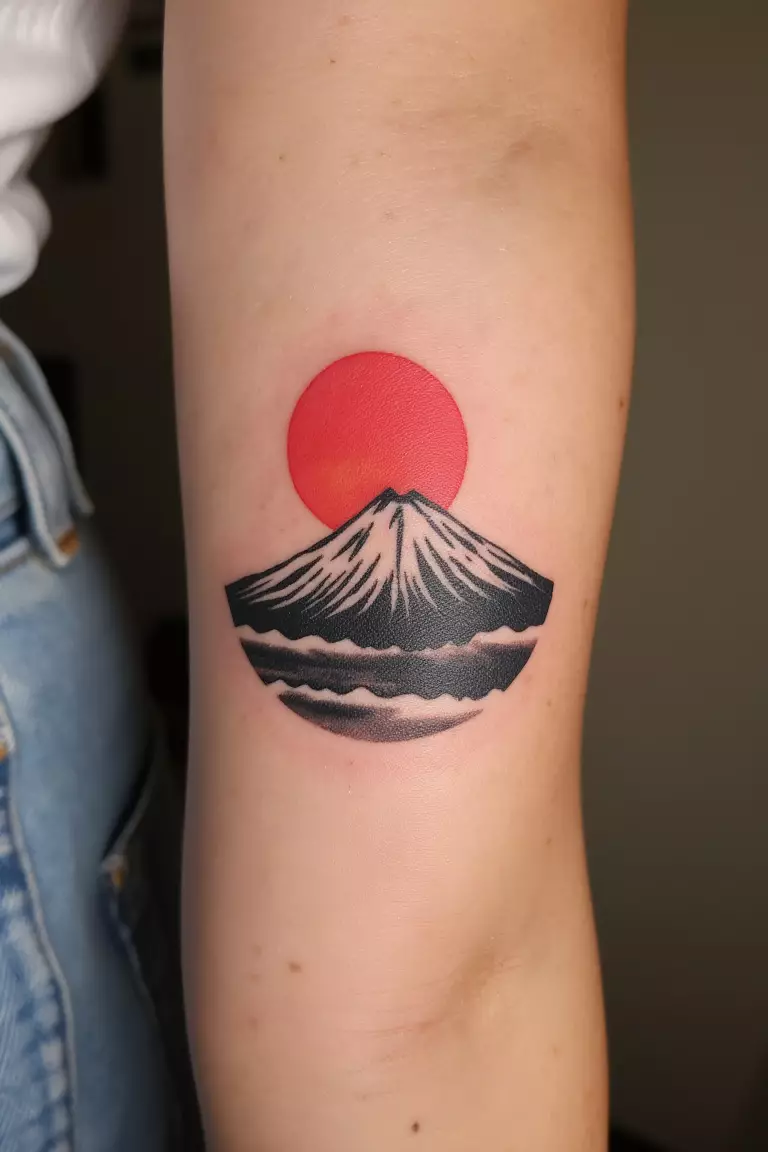 A close up shot of woman's arm with a black ink tattoo of Mount Fuji with a red sun above it, creating an ethereal summer vibe.