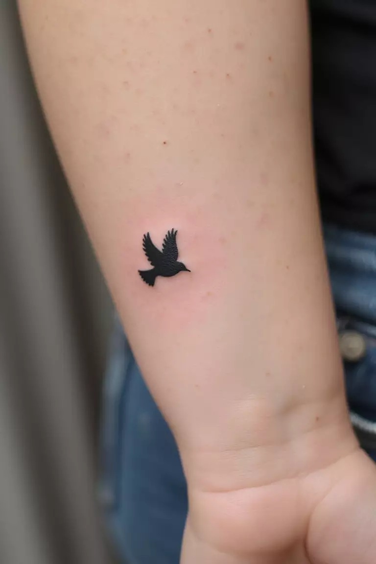 A close-up shot of a woman's arm with a black ink tattoo of a tiny, solid black bird silhouette in flight.