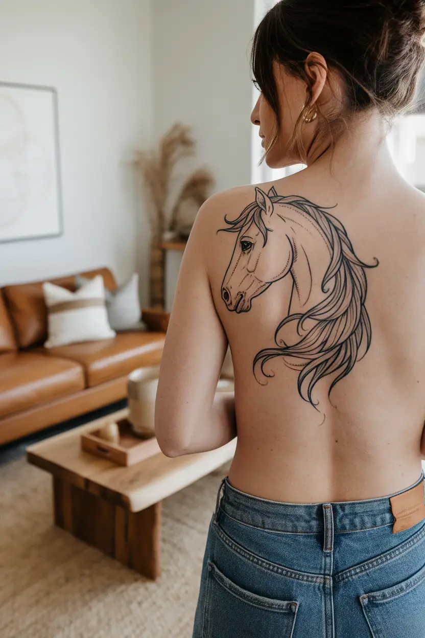 A photo of a woman with a pretty feminine fineline horse tattoo on her back, living room background.