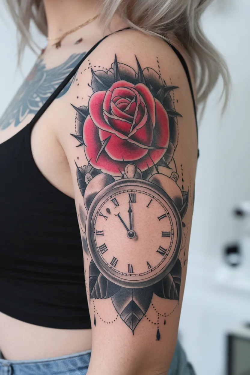 Red Rose and Clock Design