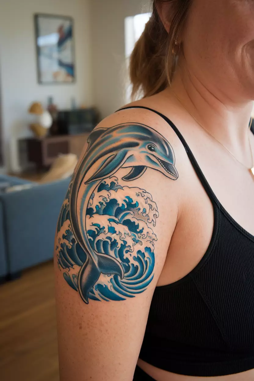 A close-up photo of a woman showing her realistic dolphin tattoo, depicting the joyful leap of a dolphin against a backdrop of stylized waves, representing freedom and playfulness, tattoo design, living room background