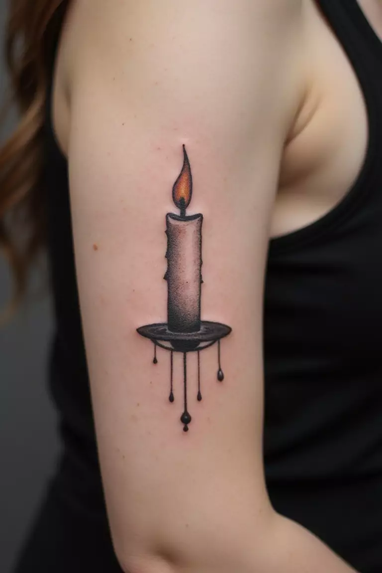 A close-up shot of a woman's arm with a black ink tattoo of a candle.