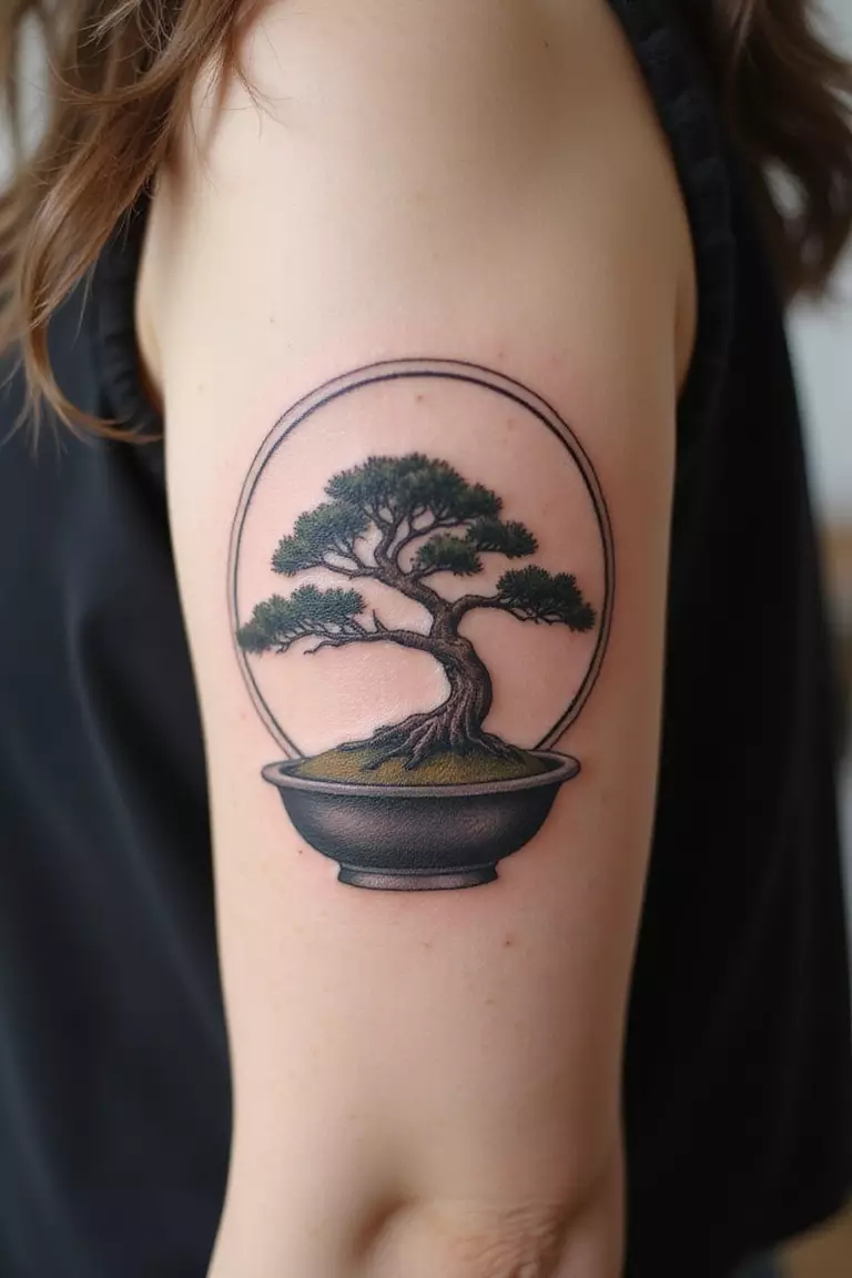 A close-up shot of a woman showing her black ink bonsai tree enclosed within a perfect circle tattoo design on her arm