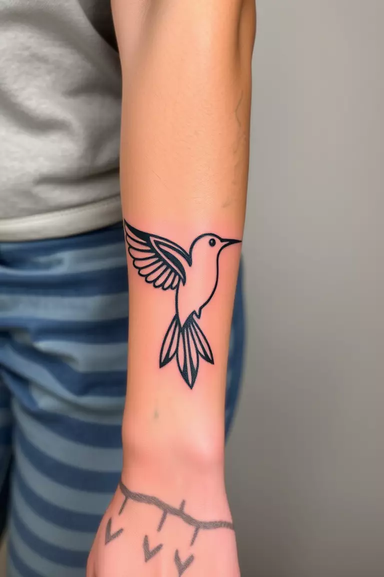 Tribal Hummingbird Tattoos on Forearm A photo of a woman with tribal hummingbird tattoos on her forearm, featuring bold lines and shapes