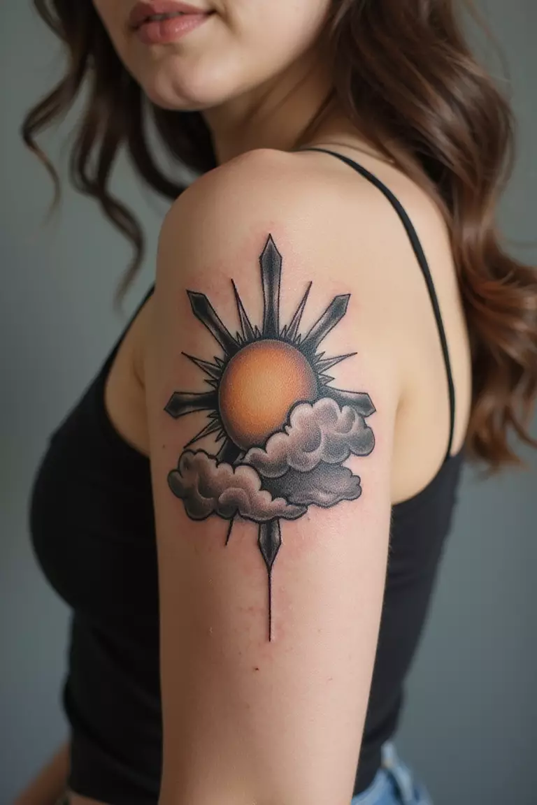 A close-up shot of a woman showing her black ink sun peeking through stylized clouds tattoo design on her arm