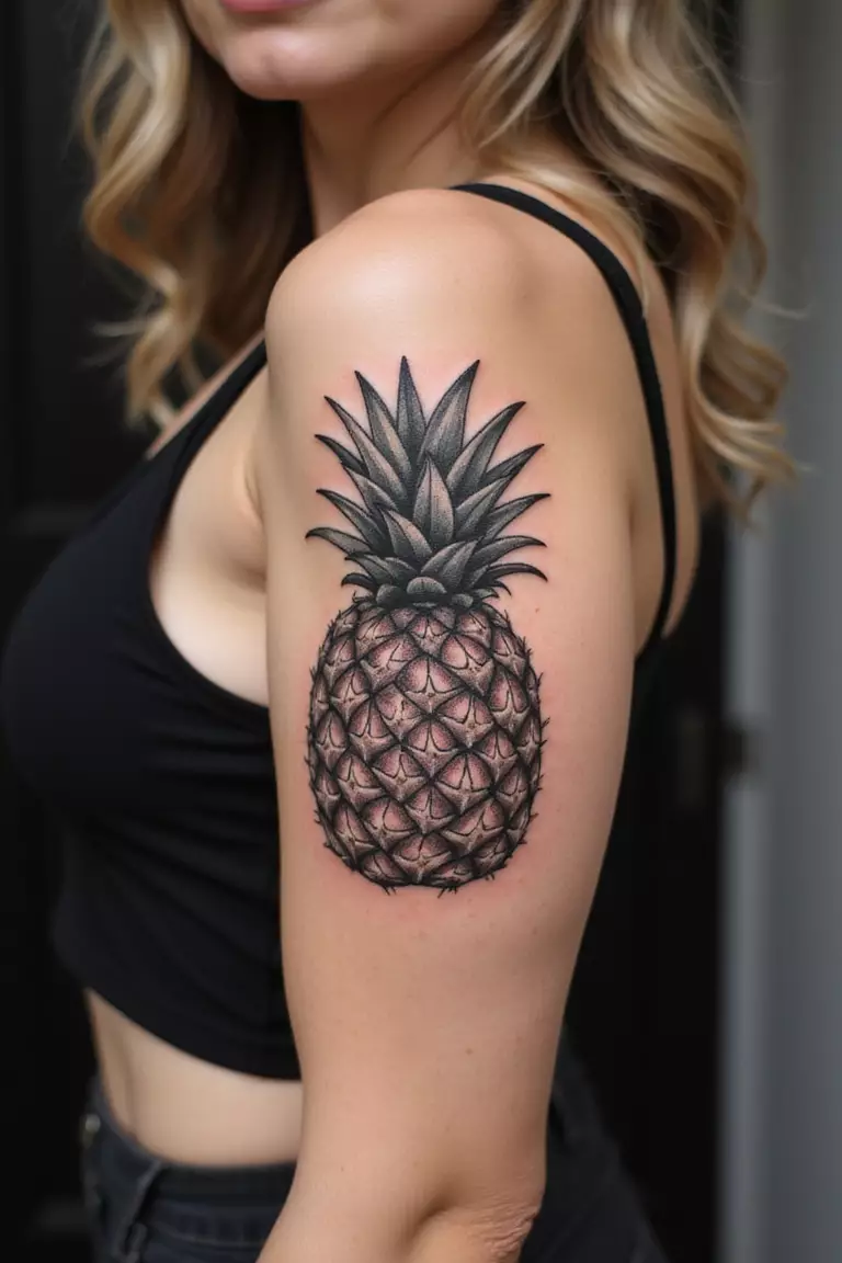 A close-up shot of a woman showing her black ink tropical pineapple tattoo on her arm