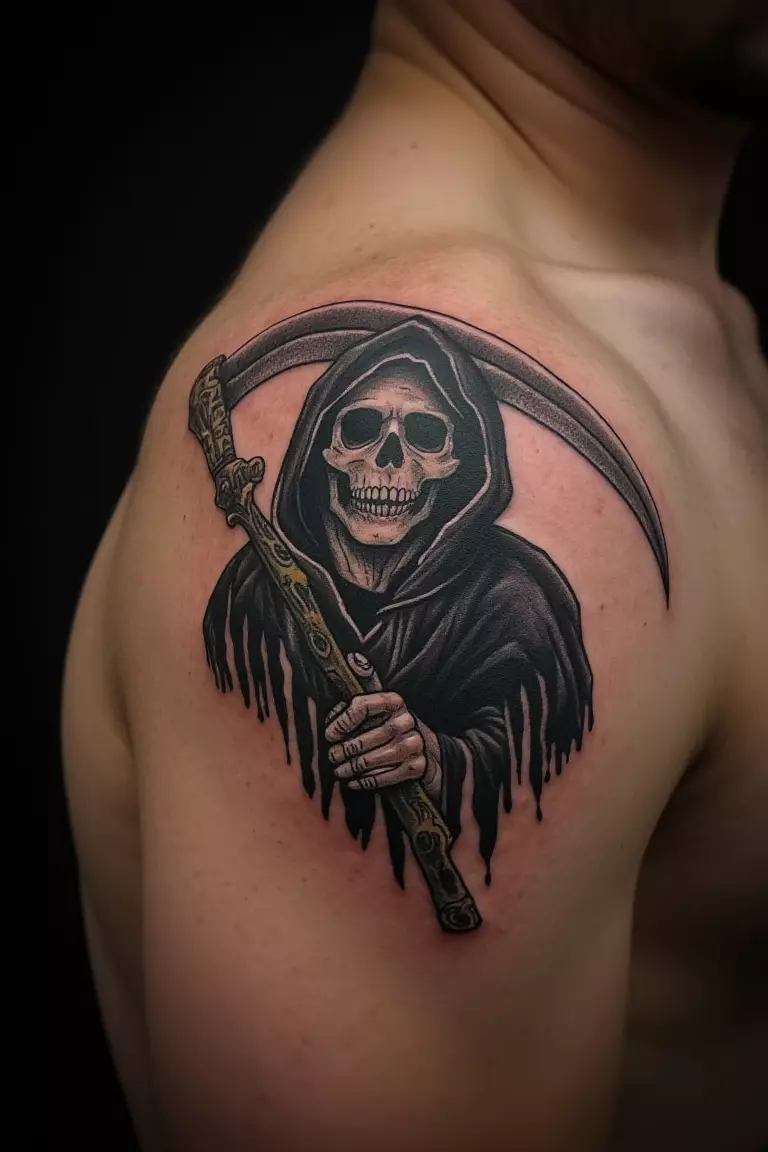 A close up shot of man's shoulder with a black ink grim reaper with a broken scythe tattoo  