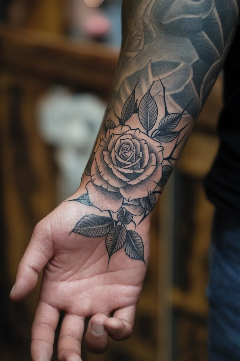 Blackwork Rose Hand Tattoo