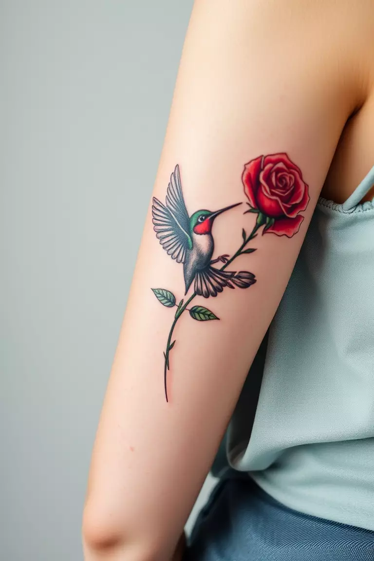 Hummingbird and Rose Tattoo on Forearm A photo of a woman with a hummingbird and rose tattoo on her forearm, blending classic romance with nature