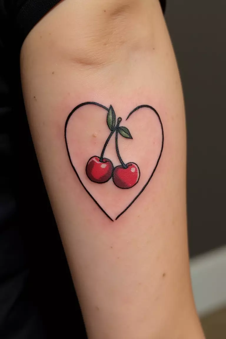 A close up shot of woman's arm with a black ink cherry-shaped heart tattoo, twin cherries forming heart outline