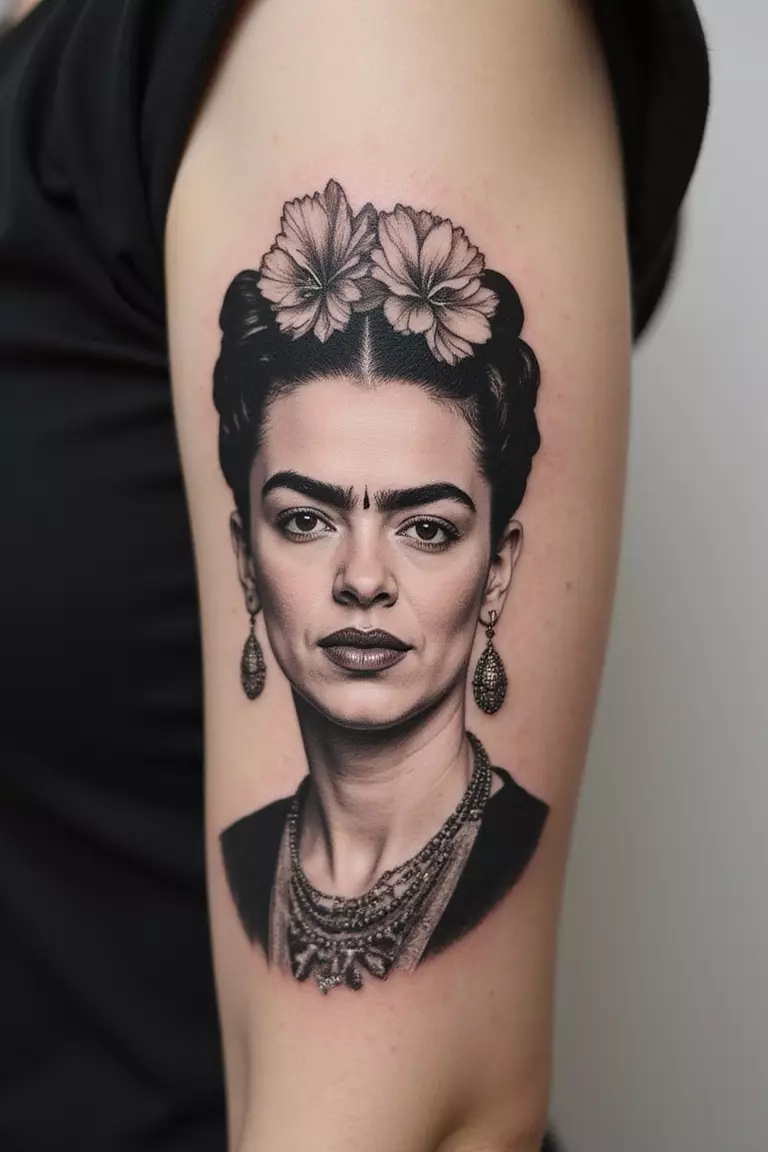 A close-up shot of a woman's arm with a black ink tattoo of a minimalist portrait of Frida Kahlo with her signature unibrow and floral hairpiece.
