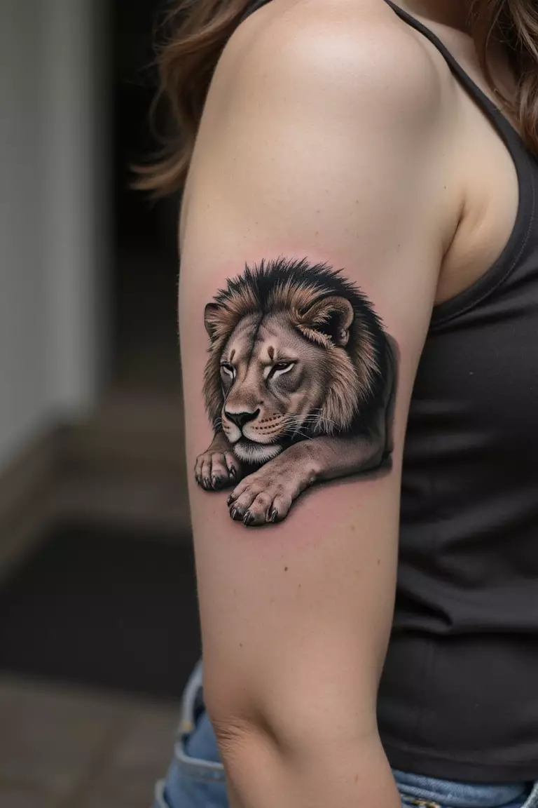 A close-up shot of a woman's arm with a black ink tattoo of a lion sleeping peacefully, its face serene.