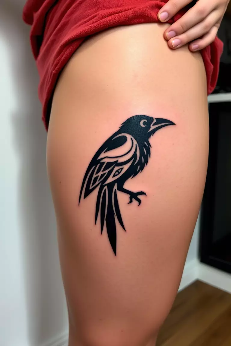 A photo of a woman displaying a tribal crow design tattoo on her thigh, highlighting sharp angles and cultural significance.  