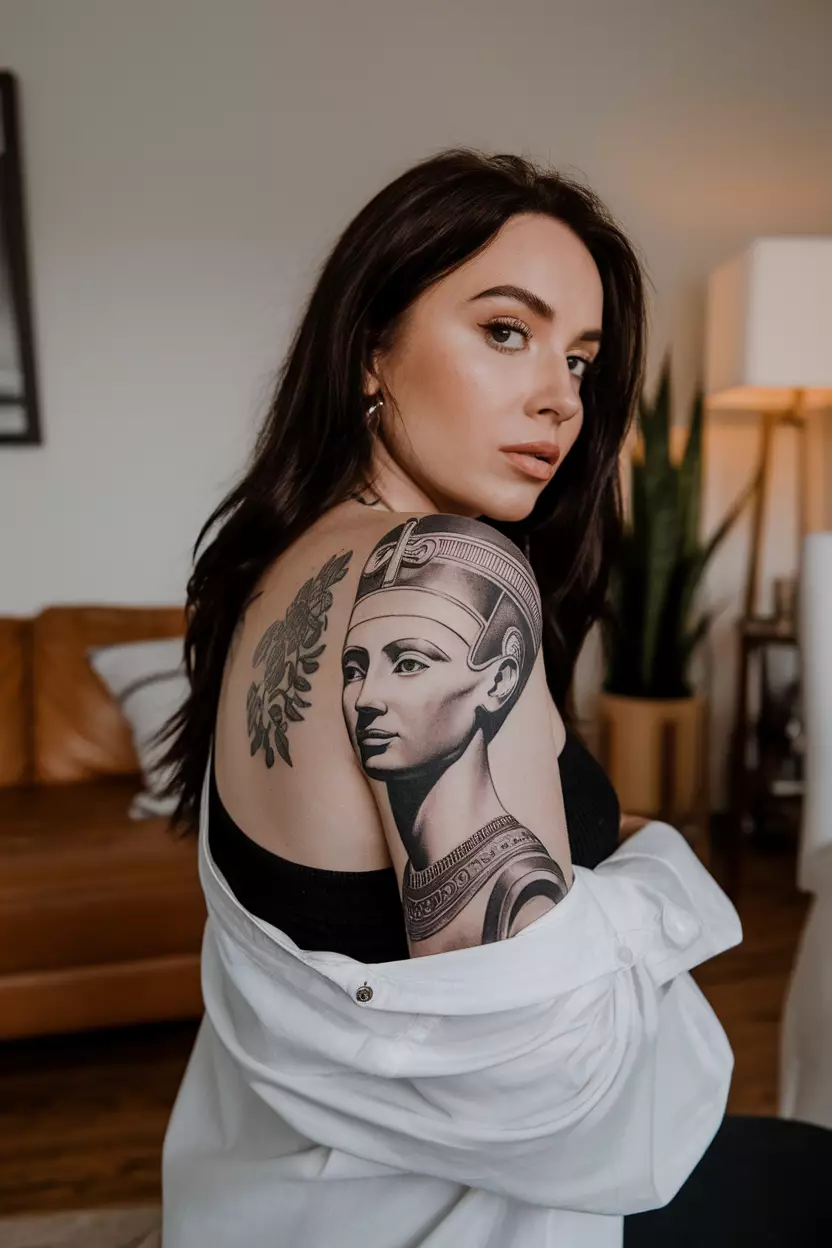 Black and Grey Nefertiti Tattoo A photo of a woman with a black and grey Nefertiti tattoo, living room background