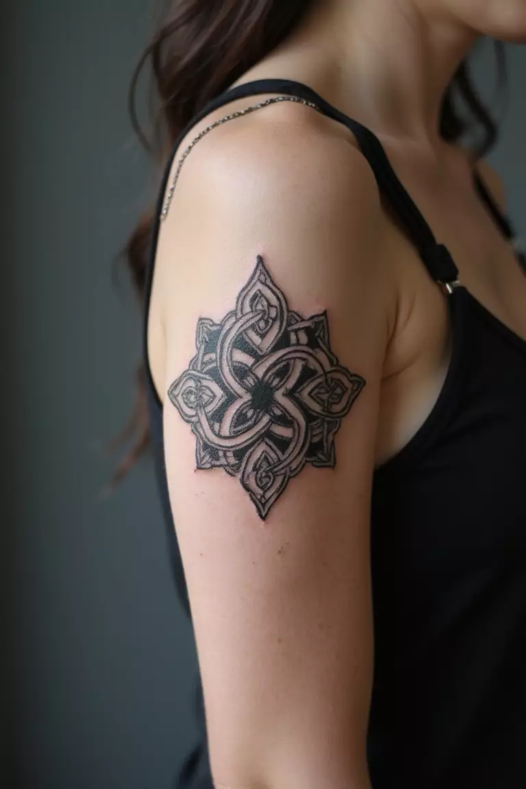 Celtic Knot A close-up shot of a woman showing her black ink Celtic Knot tattoo design on her arm