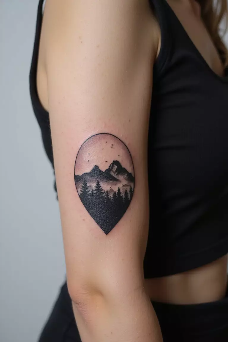 A close-up shot of a woman showing her black ink landscape silhouette tattoo design showing mountains against a sky on her arm