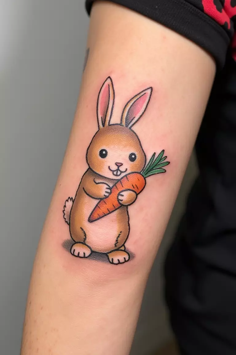 A close up shot of woman's arm with a cute bunny holding a carrot tattoo  