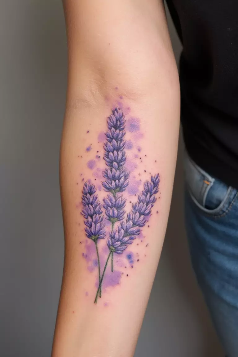 A close up shot of woman's arm with a watercolor lavender tattoo  