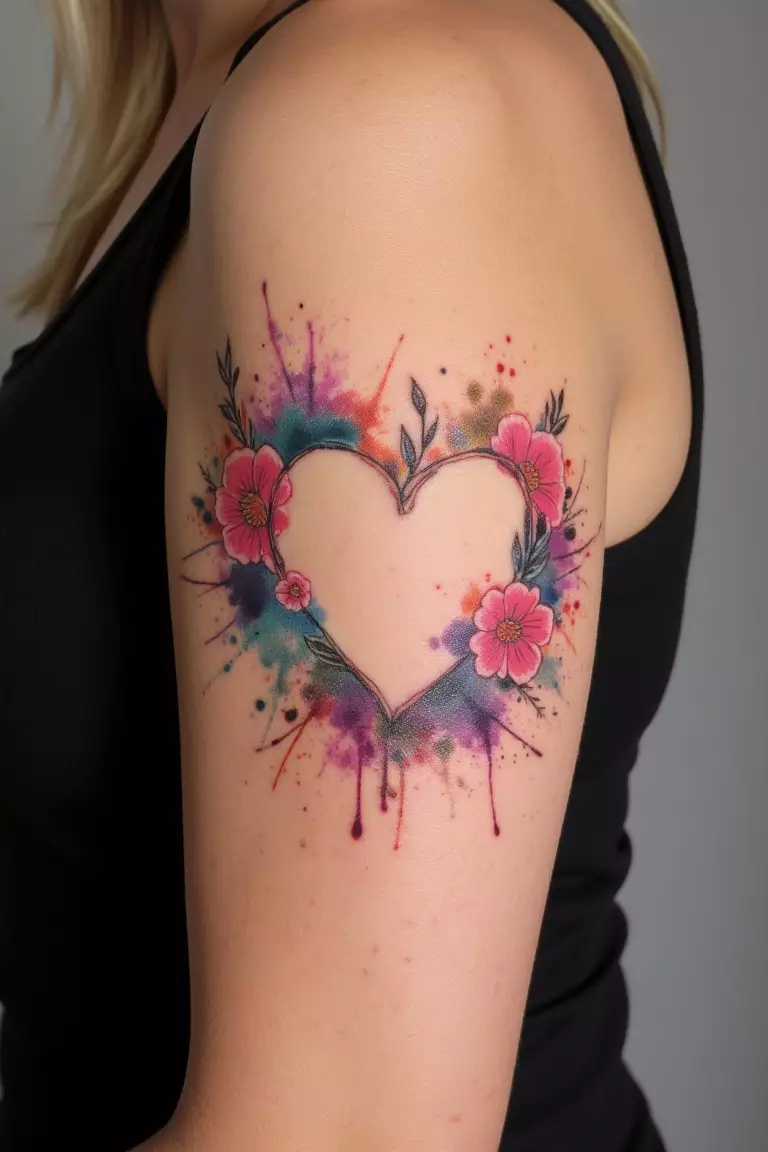 A close up shot of woman's arm with a hollow heart with watercolor flowers tattoo, splashes of color