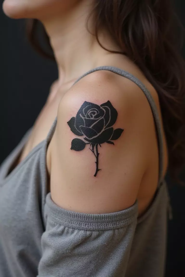 A close-up shot of a woman showing her black ink solid black silhouette rose tattoo on her arm.