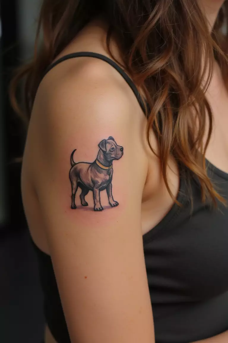 A close up shot of a woman showing her black ink tiny dog tattoo on her arm  