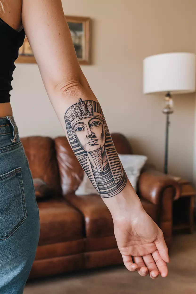 Blackwork Sketch Tutankhamun on Calf Tattoo A photo of a woman with a blackwork sketch Tutankhamun tattoo, living room background