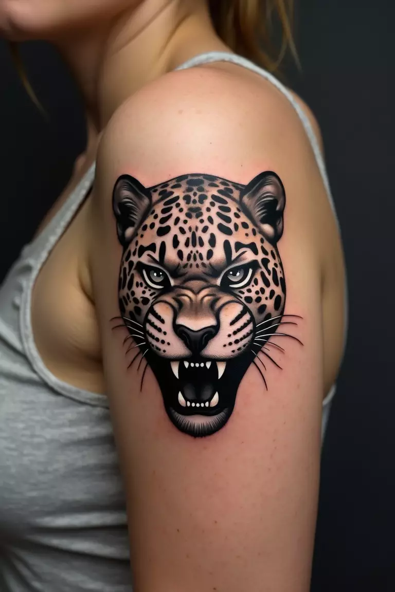 A close-up shot of a woman's arm with a black ink tattoo of a powerful Jaguar head with distinct spots.