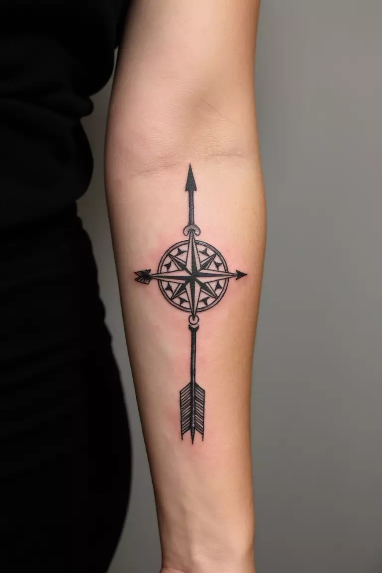 A close up shot of woman's arm with a black ink arrow and compass tattoo, arrow integrated with a compass rose design