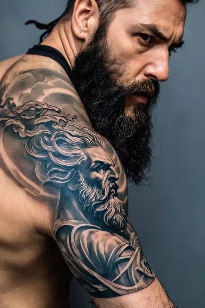 A close-up photo of a man showing his roaring Zeus sleeve tattoo, emphasizing movement and ferocity in the depiction of Zeus.  