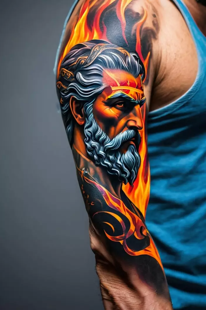 A close-up photo of a man showing his Zeus in flames sleeve tattoo, incorporating fiery motifs and vivid colors to highlight Zeus's power.  