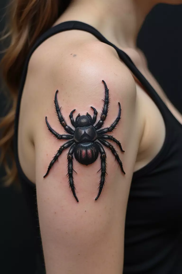 A close-up shot of a woman showing her black ink hyper-realistic, detailed tarantula tattoo design on her arm