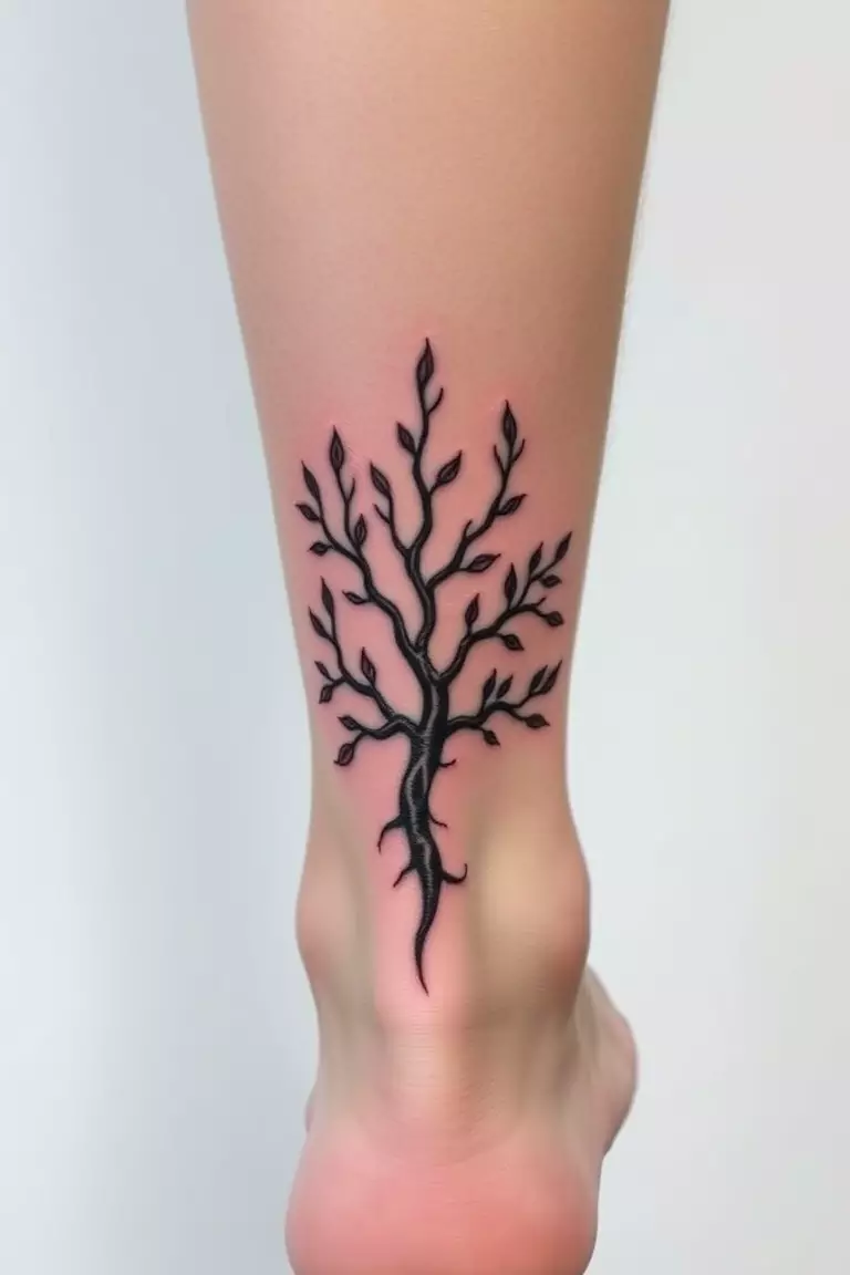A photo of a woman with a poison tree ankle tattoo.