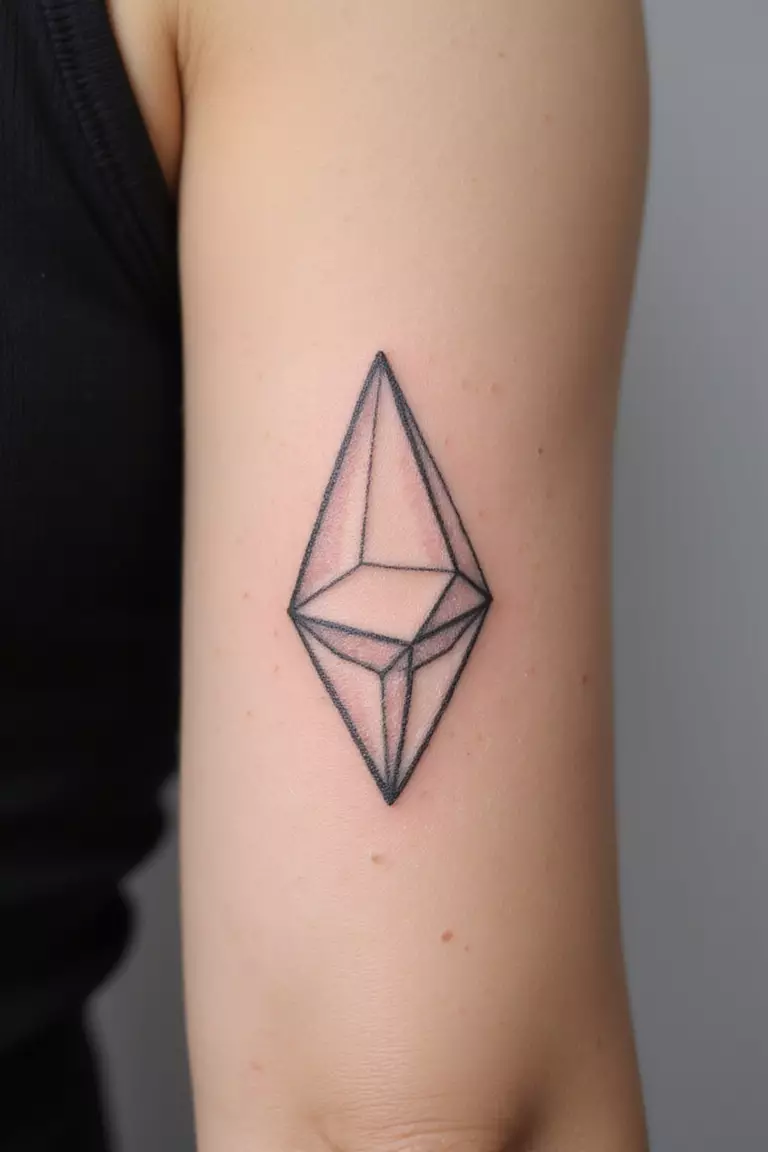 A close-up shot of a woman's arm with a black ink tattoo of a small, simple diamond outline, geometric.