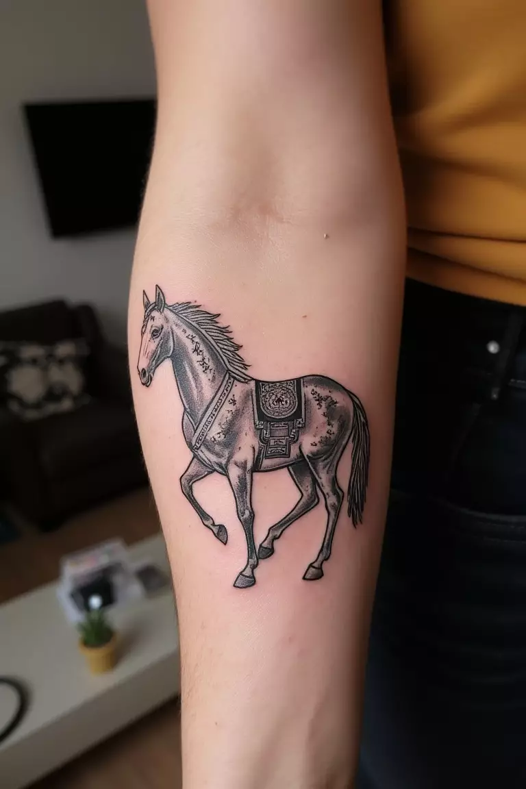 A photo of a woman with a Slavic abstract memorial horse tattoo on her forearm, living room background.