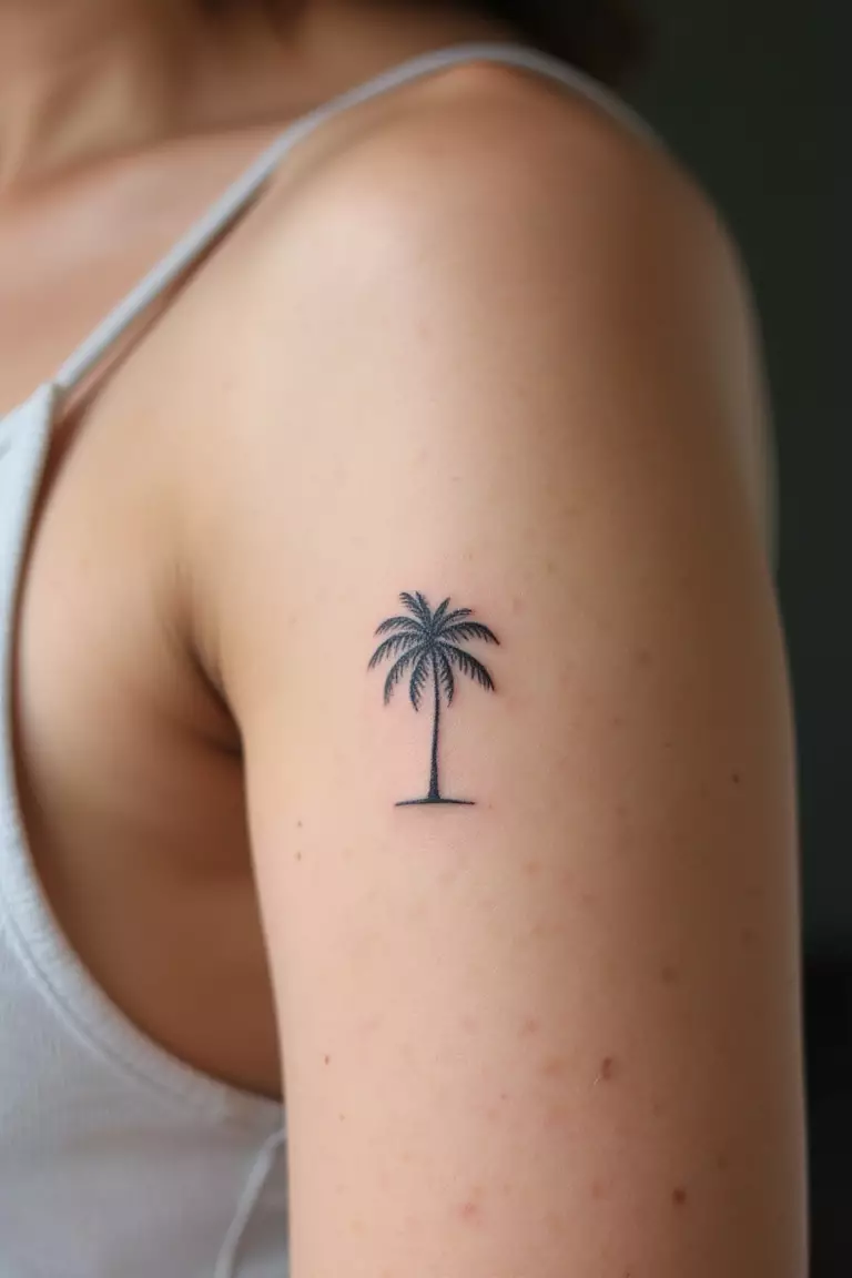 A close up shot of woman's arm with a black ink tattoo of a tiny, minimalistic palm tree design, subtle celebration of the sea.