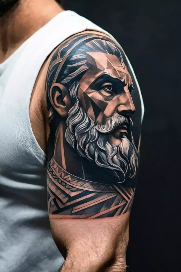 A close-up photo of a man showing his geometric Zeus half-sleeve tattoo, showcasing angular designs and modern interpretations of Zeus's visage.  
