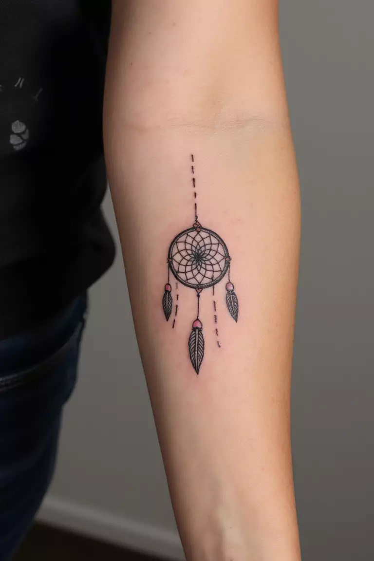 A close up shot of woman's arm with a black ink simple dreamcatcher tattoo.  