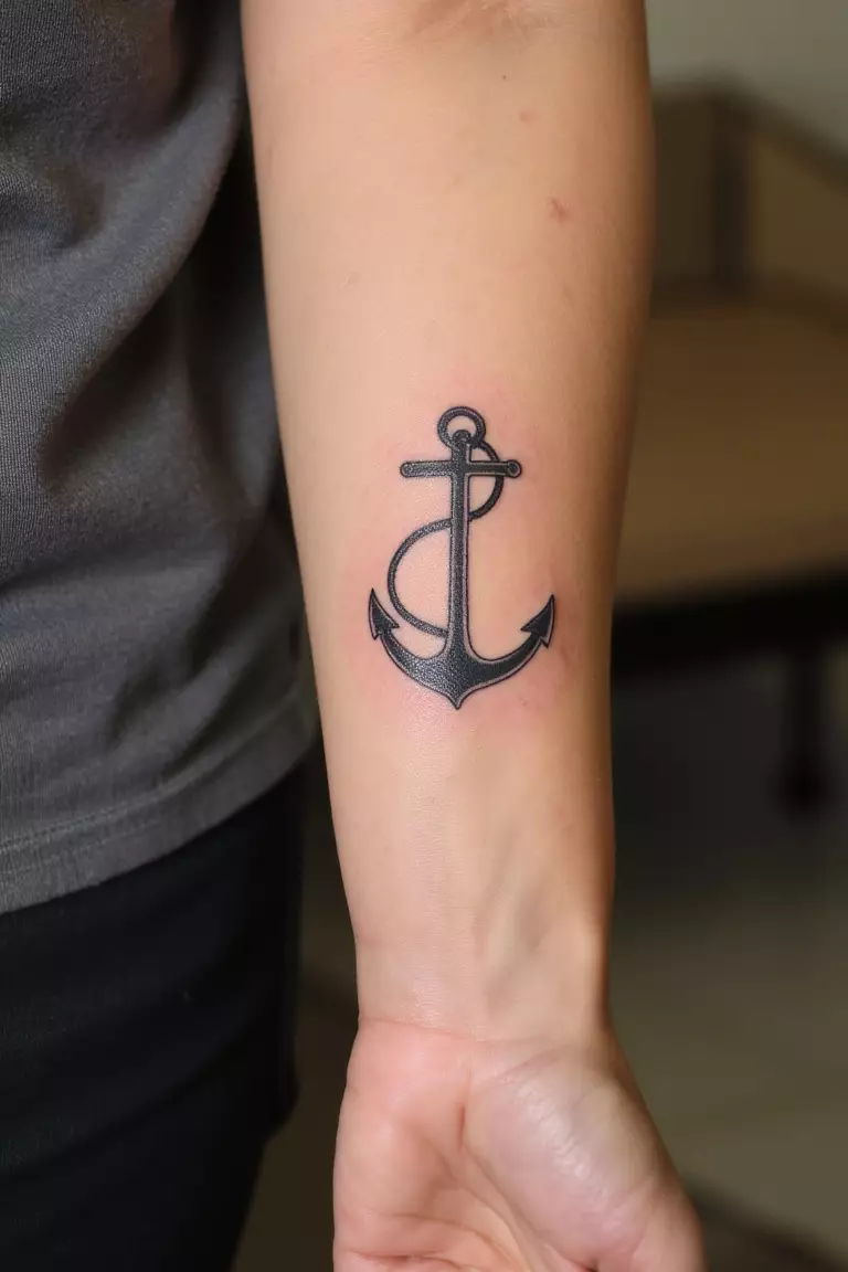 Anchor Silhouette A close up shot of woman's arm with a black ink anchor silhouette tattoo.