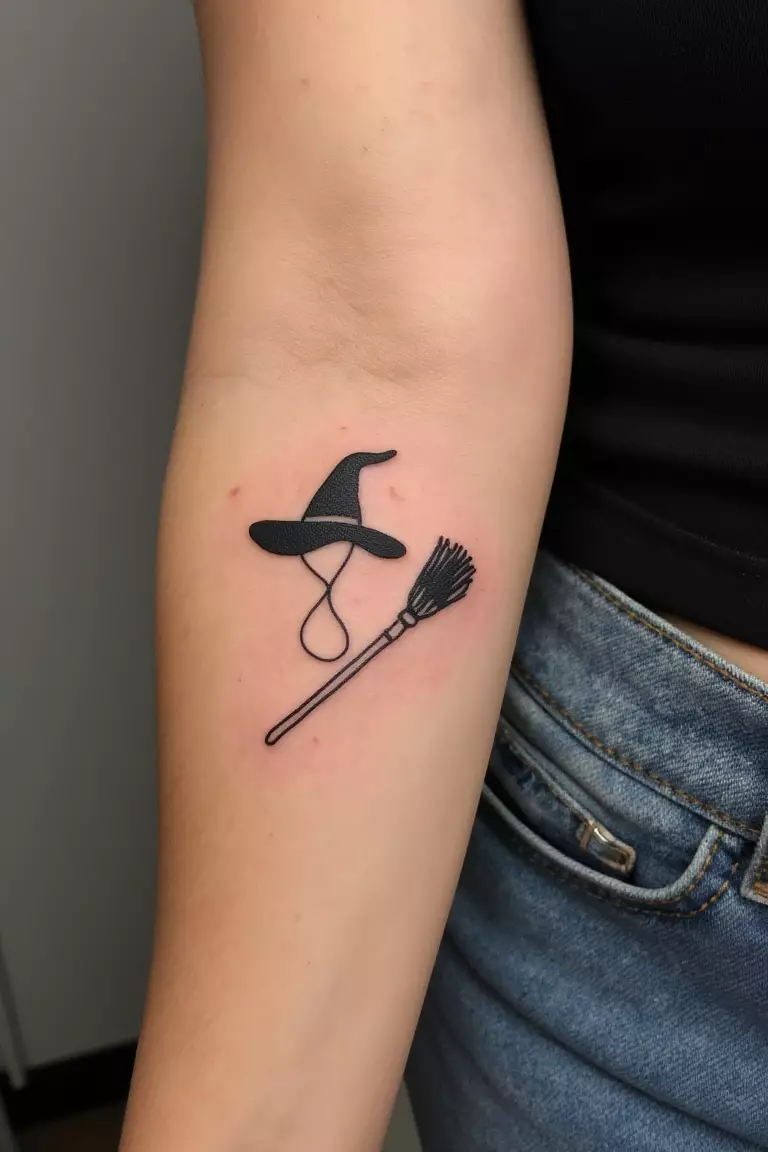 A close up shot of woman's arm with a black ink tattoo of a minimalist witch hat and broomstick.